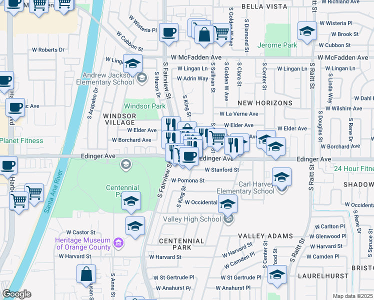 map of restaurants, bars, coffee shops, grocery stores, and more near 2619 West Edinger Avenue in Santa Ana