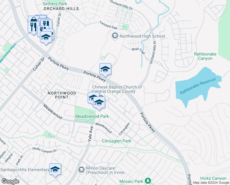 map of restaurants, bars, coffee shops, grocery stores, and more near 10 Westgate in Irvine