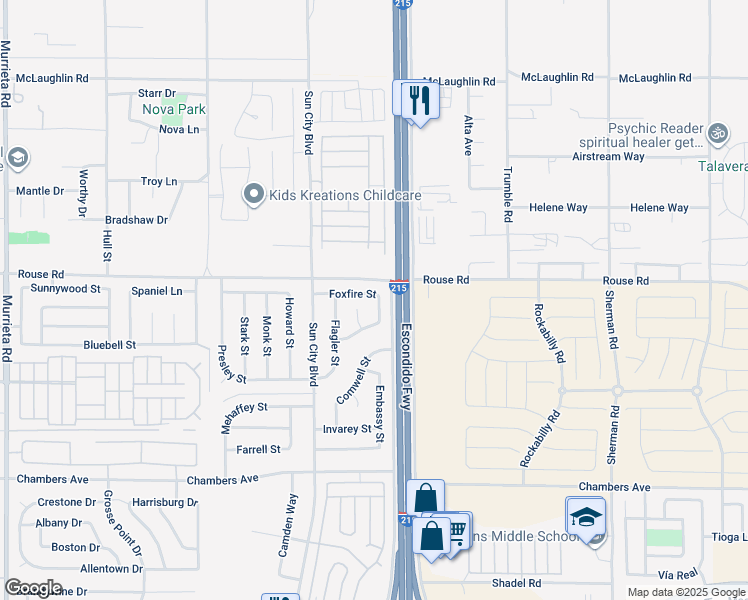 map of restaurants, bars, coffee shops, grocery stores, and more near 27879 Foxfire Street in Menifee
