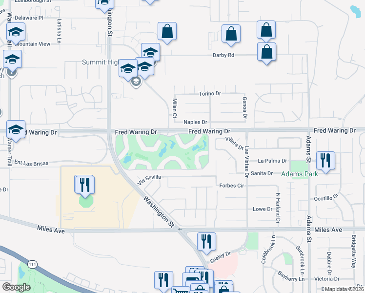 map of restaurants, bars, coffee shops, grocery stores, and more near 78363 Terra Cotta Court in La Quinta