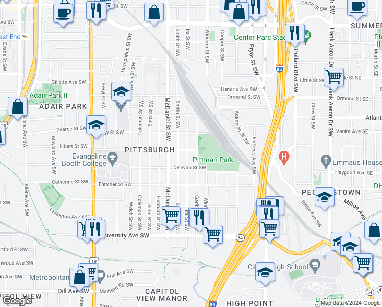 map of restaurants, bars, coffee shops, grocery stores, and more near 356 Arthur Street Southwest in Atlanta