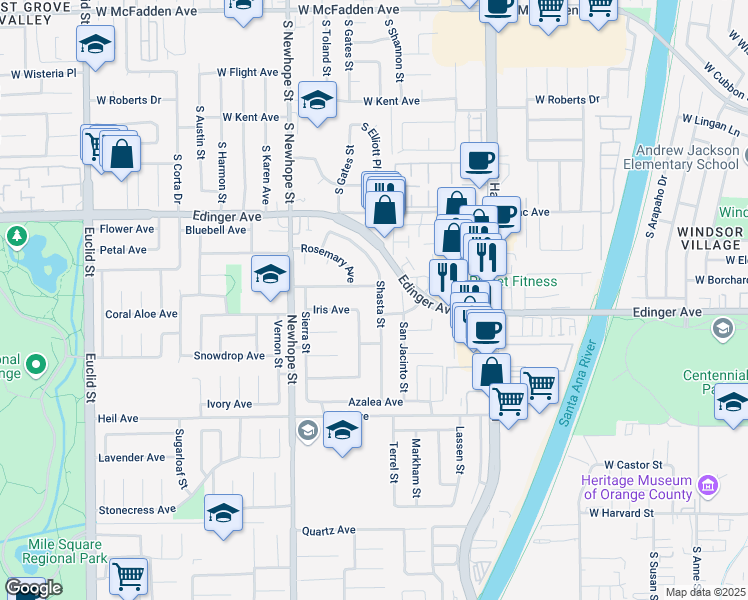 map of restaurants, bars, coffee shops, grocery stores, and more near 16240 San Gabriel Street in Fountain Valley