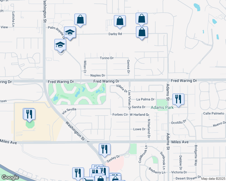 map of restaurants, bars, coffee shops, grocery stores, and more near 44265 Villeta Drive in La Quinta