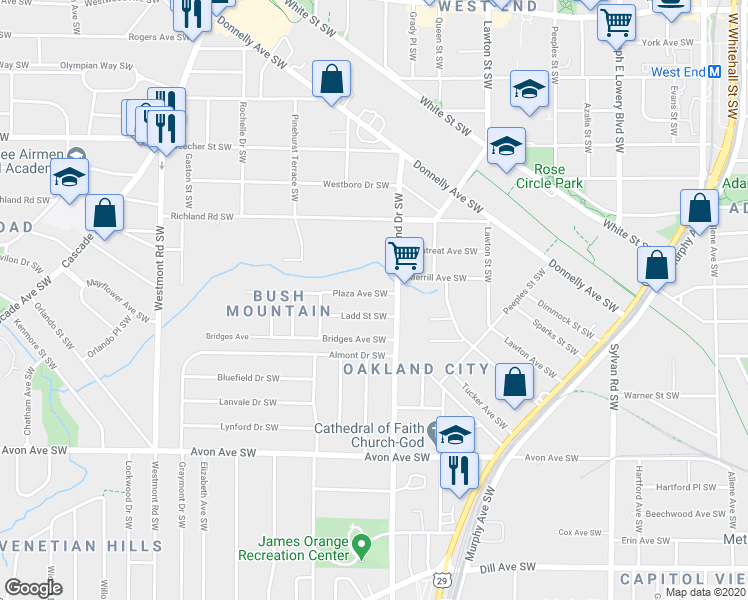 map of restaurants, bars, coffee shops, grocery stores, and more near 1238 Plaza Avenue Southwest in Atlanta