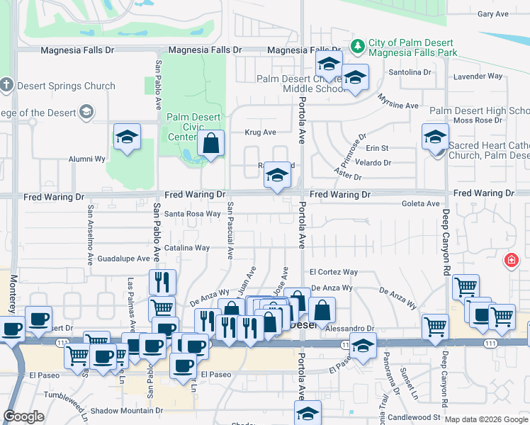map of restaurants, bars, coffee shops, grocery stores, and more near 21 Hermosa Lane in Palm Desert