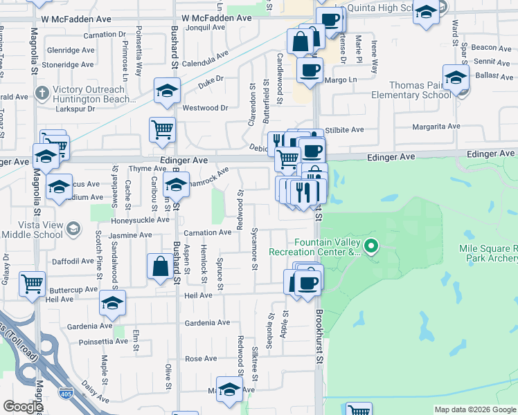 map of restaurants, bars, coffee shops, grocery stores, and more near 16211 Sycamore Street in Fountain Valley