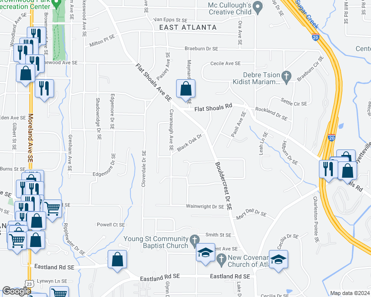 map of restaurants, bars, coffee shops, grocery stores, and more near 1333 Black Oak Drive Southeast in Atlanta