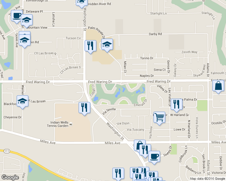map of restaurants, bars, coffee shops, grocery stores, and more near Indigo Drive in La Quinta