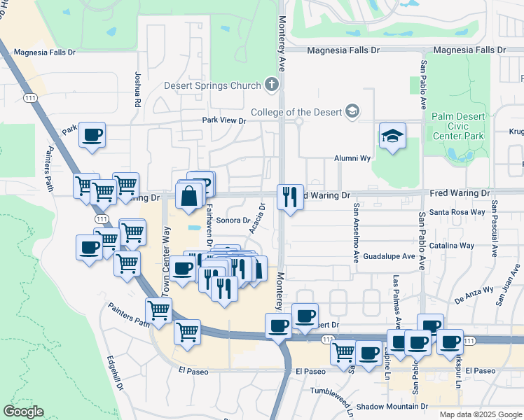 map of restaurants, bars, coffee shops, grocery stores, and more near 44164 Acacia Drive in Palm Desert