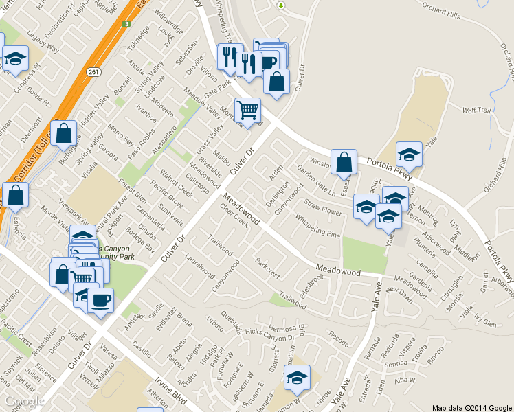 map of restaurants, bars, coffee shops, grocery stores, and more near 28 Clear Creek in Irvine