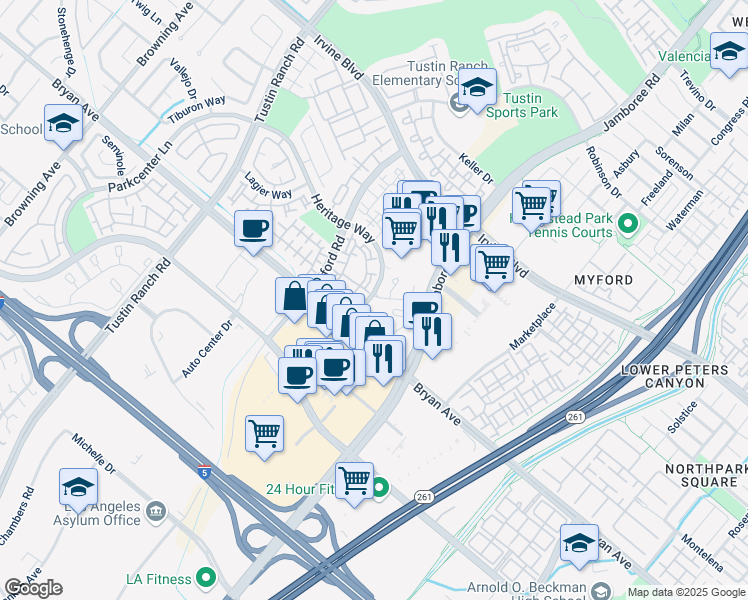 map of restaurants, bars, coffee shops, grocery stores, and more near 13458 Heritage Way in Tustin