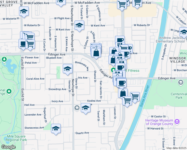 map of restaurants, bars, coffee shops, grocery stores, and more near 16240 San Gabriel Street in Fountain Valley