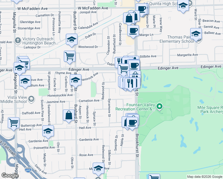 map of restaurants, bars, coffee shops, grocery stores, and more near 16211 Sycamore Street in Fountain Valley
