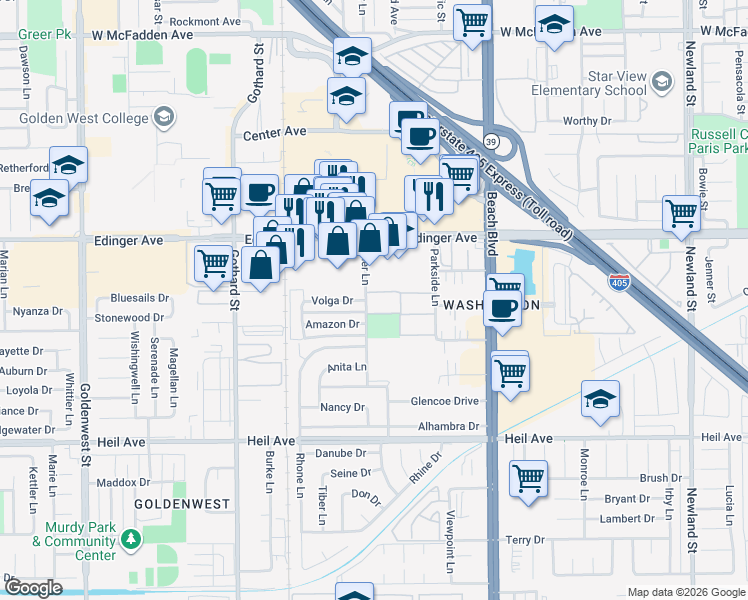 map of restaurants, bars, coffee shops, grocery stores, and more near 12 Sher Lane in Huntington Beach