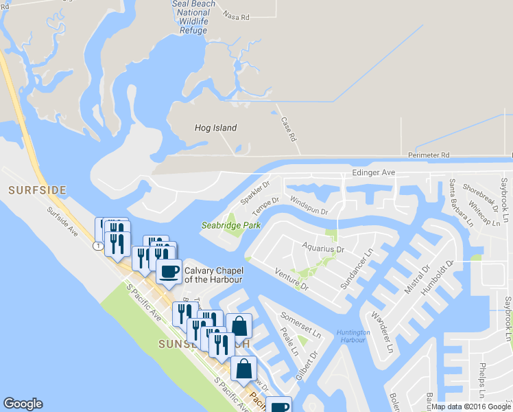 map of restaurants, bars, coffee shops, grocery stores, and more near 3335 Tempe Drive in Huntington Beach