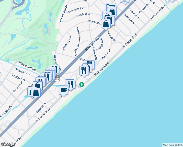 map of restaurants, bars, coffee shops, grocery stores, and more near 114 North Ocean Boulevard in Myrtle Beach