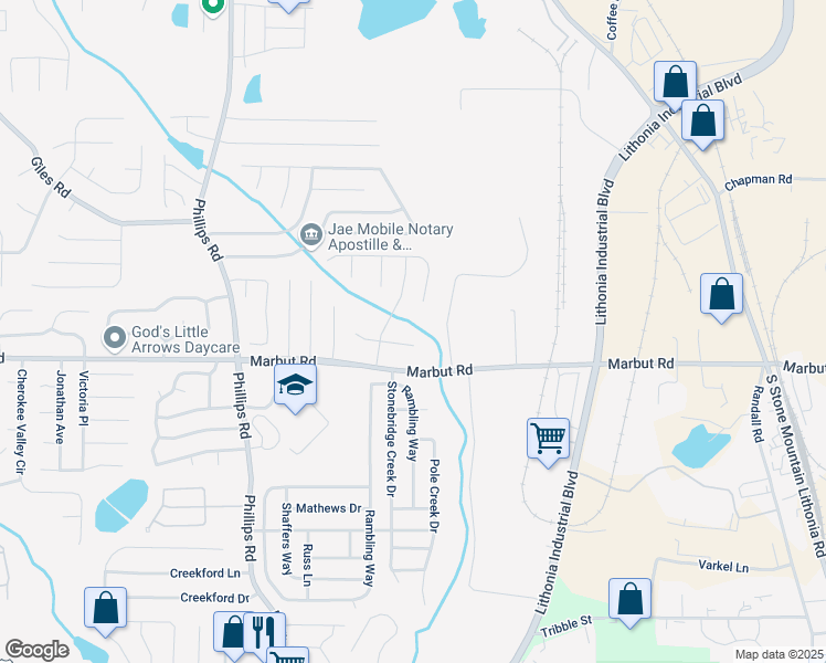 map of restaurants, bars, coffee shops, grocery stores, and more near 6470 Bedford Lane in Lithonia