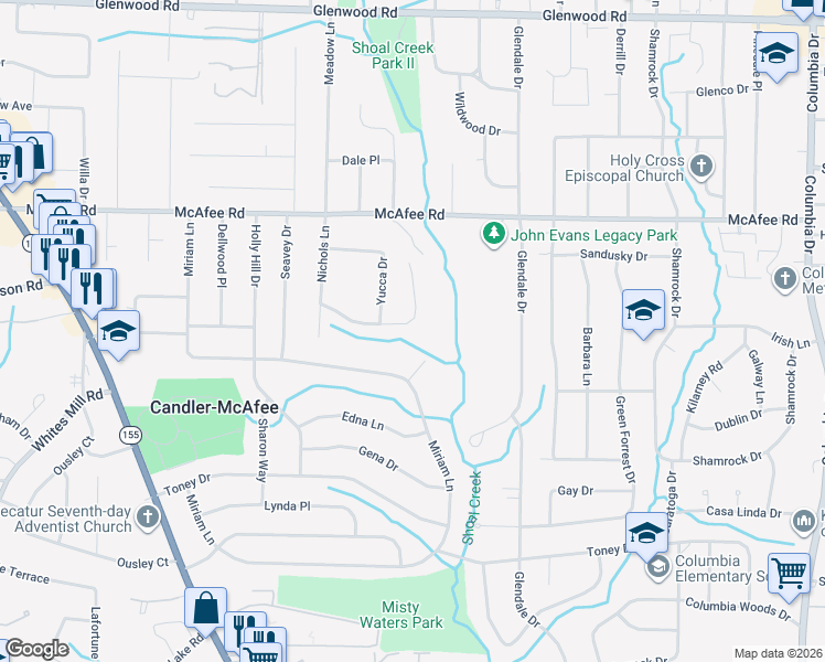 map of restaurants, bars, coffee shops, grocery stores, and more near 3020 Miriam Court in Decatur