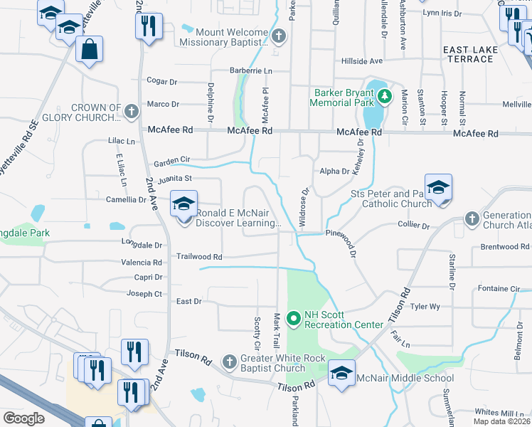 map of restaurants, bars, coffee shops, grocery stores, and more near 2144 Mark Trail in Decatur