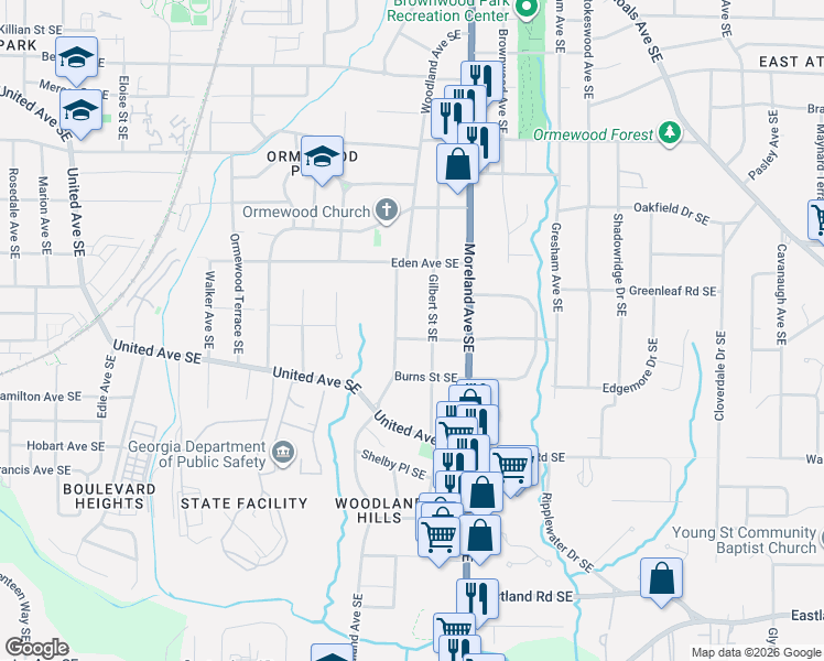 map of restaurants, bars, coffee shops, grocery stores, and more near 989 Gilbert Street Southeast in Atlanta