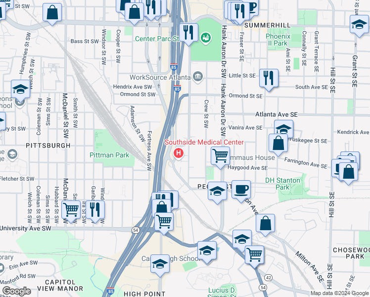 map of restaurants, bars, coffee shops, grocery stores, and more near 999 Washington Street Southwest in Atlanta