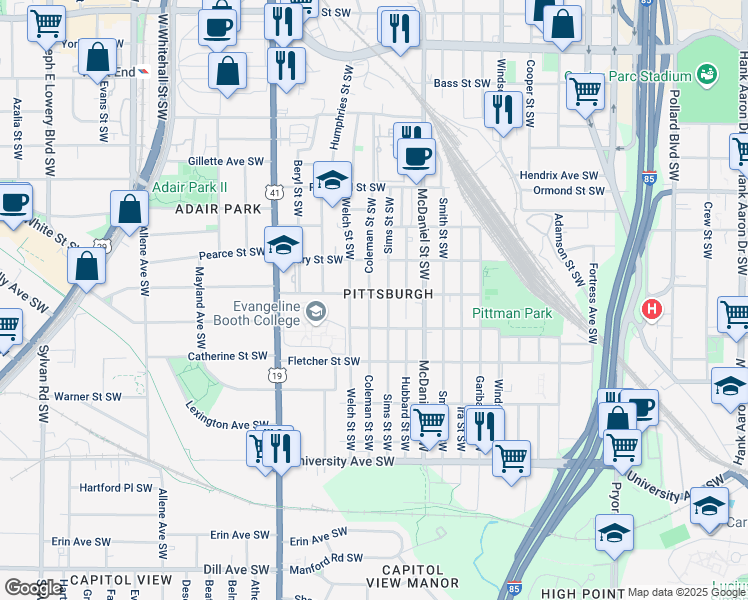map of restaurants, bars, coffee shops, grocery stores, and more near 992 Coleman Street Southwest in Atlanta