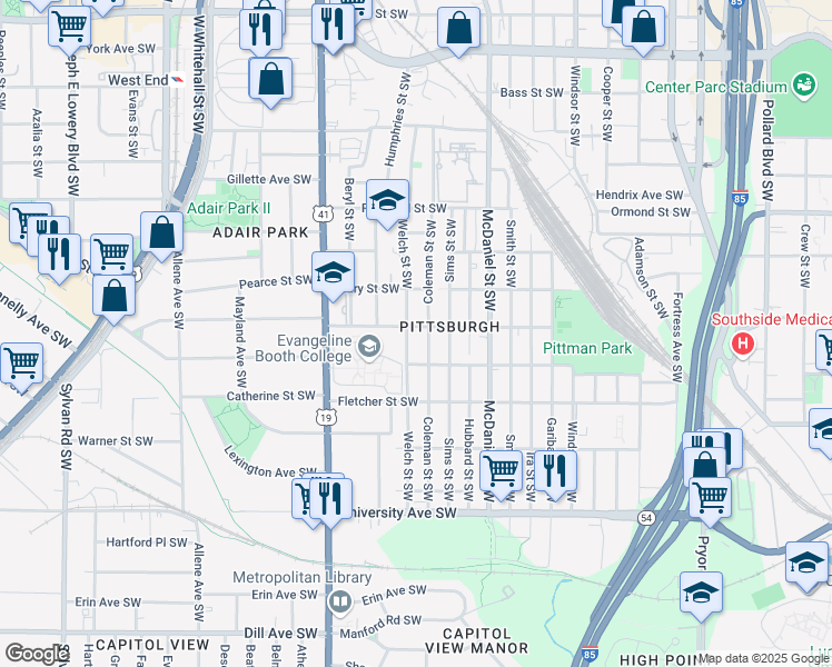 map of restaurants, bars, coffee shops, grocery stores, and more near 516 Arthur Street Southwest in Atlanta