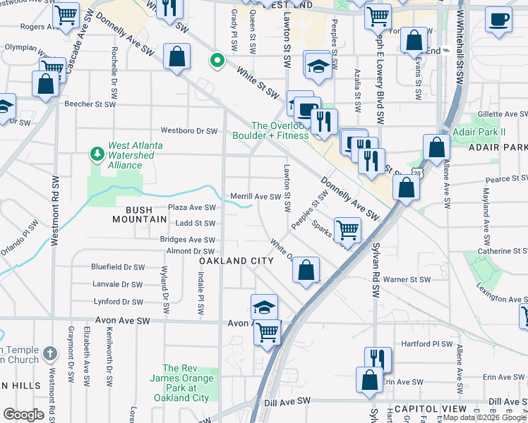 map of restaurants, bars, coffee shops, grocery stores, and more near 1105 Cordova Street Southwest in Atlanta
