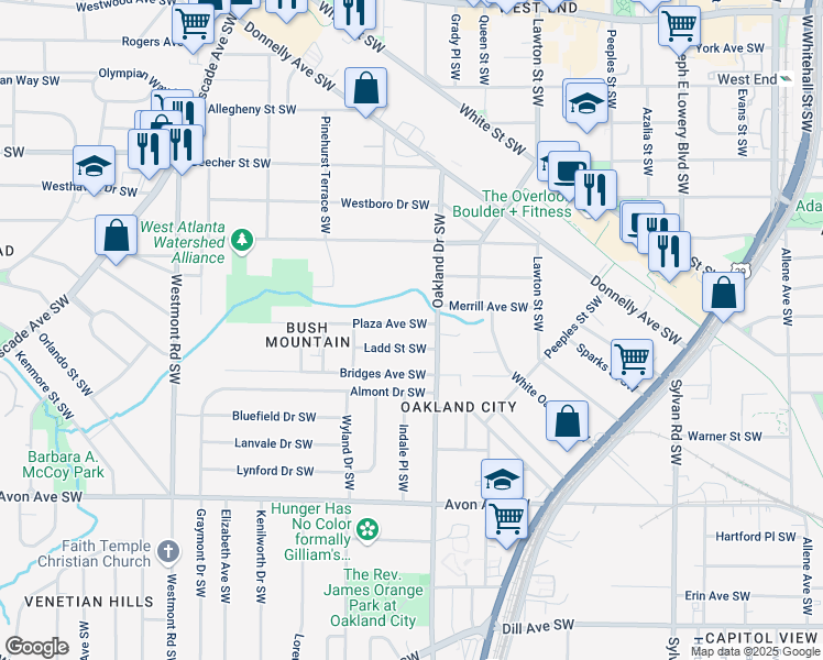 map of restaurants, bars, coffee shops, grocery stores, and more near 1238 Plaza Avenue Southwest in Atlanta