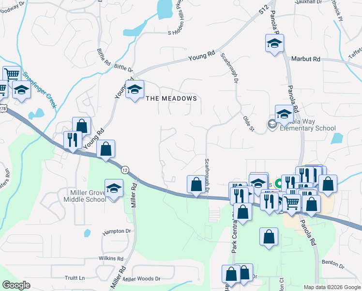 map of restaurants, bars, coffee shops, grocery stores, and more near 5195 West Scarbrough Trail in Stone Mountain