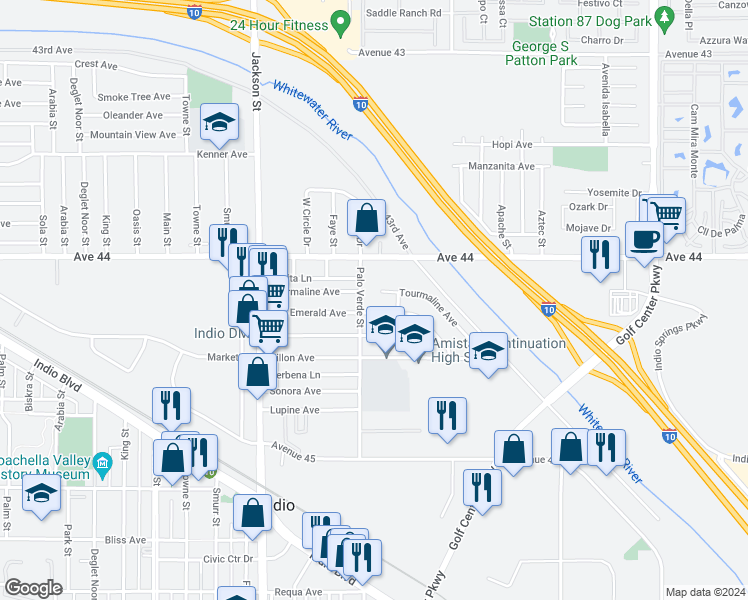 map of restaurants, bars, coffee shops, grocery stores, and more near 83307 Tourmaline Avenue in Indio