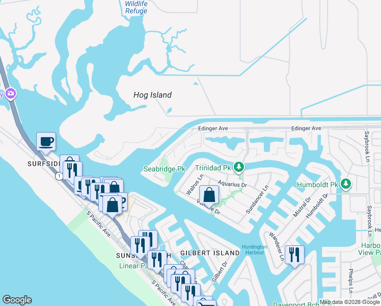 map of restaurants, bars, coffee shops, grocery stores, and more near 16191 Typhoon Lane in Huntington Beach