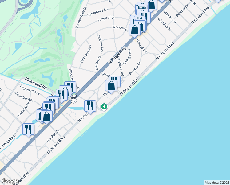 map of restaurants, bars, coffee shops, grocery stores, and more near 114 North Ocean Boulevard in Myrtle Beach