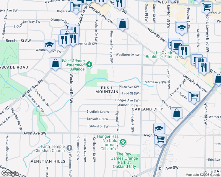 map of restaurants, bars, coffee shops, grocery stores, and more near 1348 Plaza Avenue Southwest in Atlanta