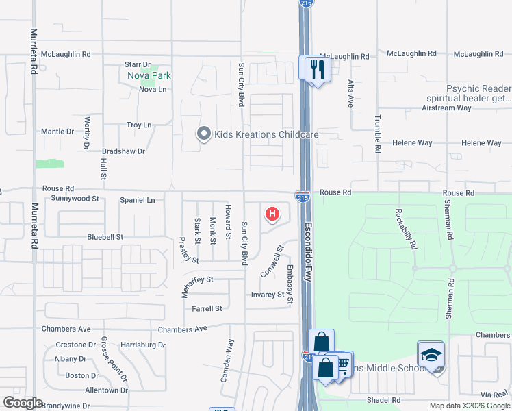 map of restaurants, bars, coffee shops, grocery stores, and more near 27023 Flagler Street in Menifee