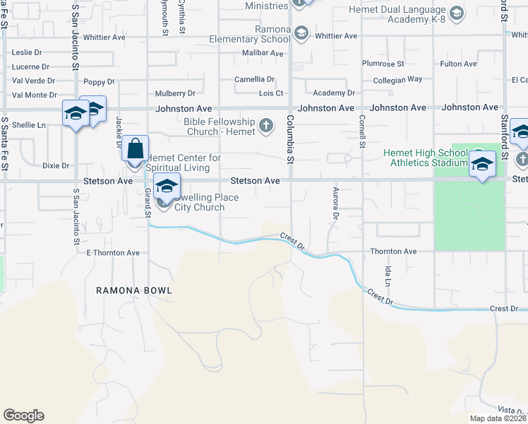 map of restaurants, bars, coffee shops, grocery stores, and more near 40901 Reden Court in Hemet