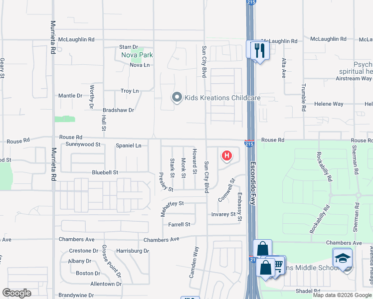 map of restaurants, bars, coffee shops, grocery stores, and more near 27036 Monk Street in Menifee