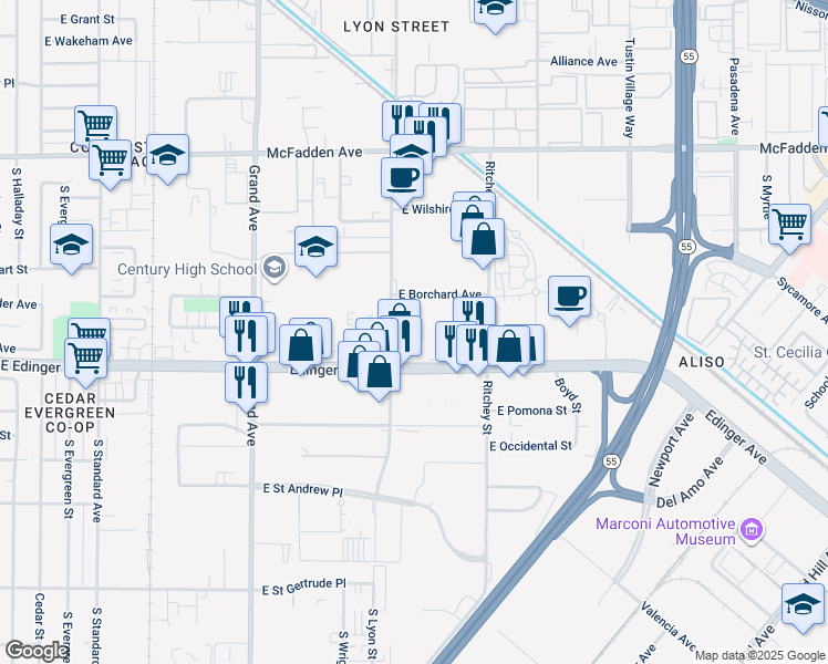 map of restaurants, bars, coffee shops, grocery stores, and more near 87 South Lyon Street in Santa Ana