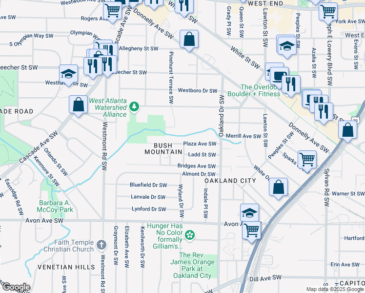 map of restaurants, bars, coffee shops, grocery stores, and more near 1316 Plaza Avenue Southwest in Atlanta