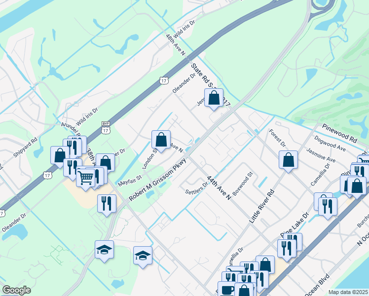 map of restaurants, bars, coffee shops, grocery stores, and more near 1528 Saint Thomas Circle in Myrtle Beach