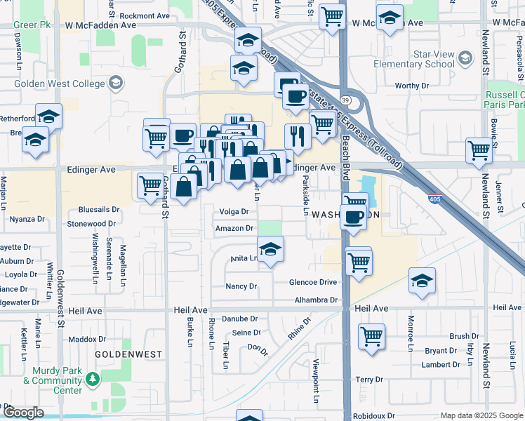 map of restaurants, bars, coffee shops, grocery stores, and more near 12 Sher Lane in Huntington Beach