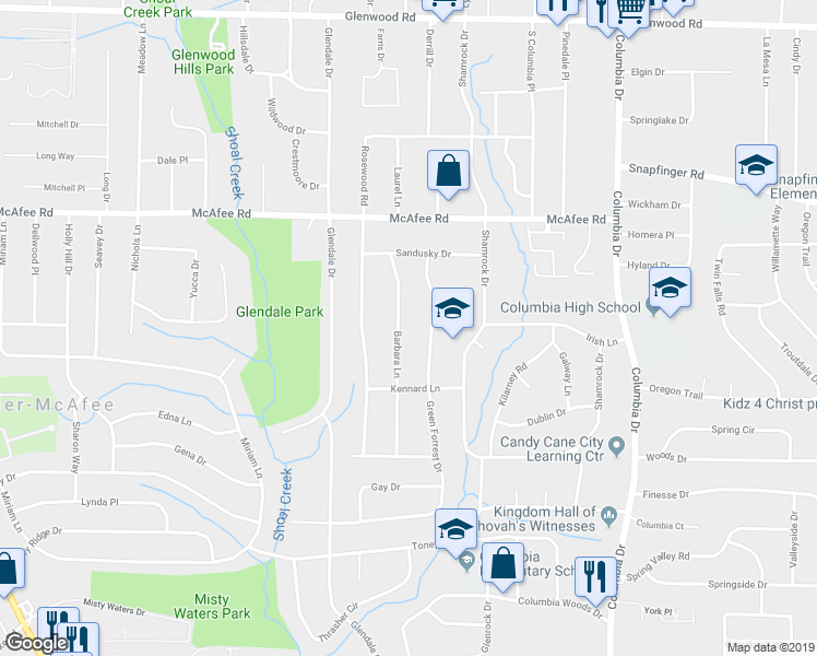 map of restaurants, bars, coffee shops, grocery stores, and more near 2116 Barbara Lane in Decatur