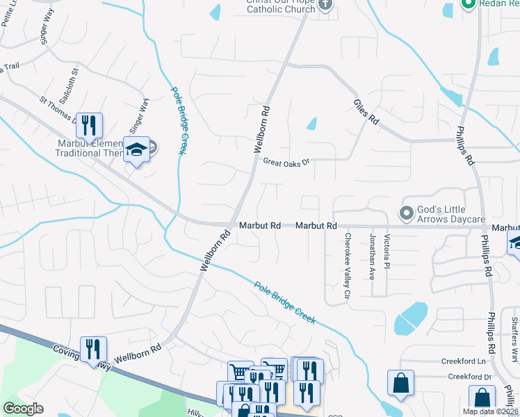 map of restaurants, bars, coffee shops, grocery stores, and more near 2078 Marbut Lane in Lithonia