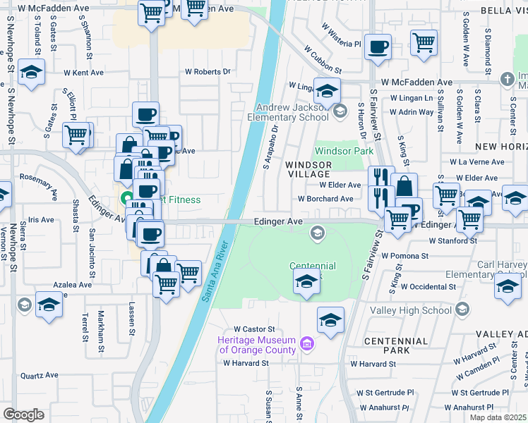 map of restaurants, bars, coffee shops, grocery stores, and more near West Hood Avenue in Santa Ana