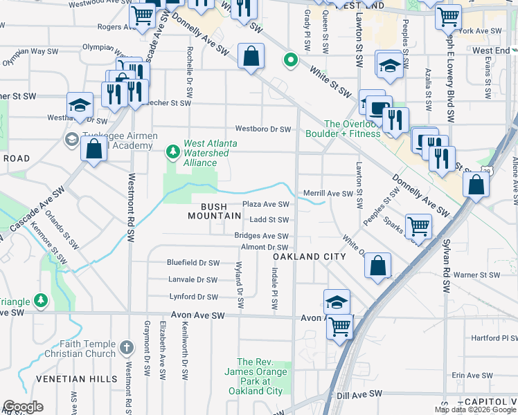 map of restaurants, bars, coffee shops, grocery stores, and more near 1255 Ladd Street Southwest in Atlanta