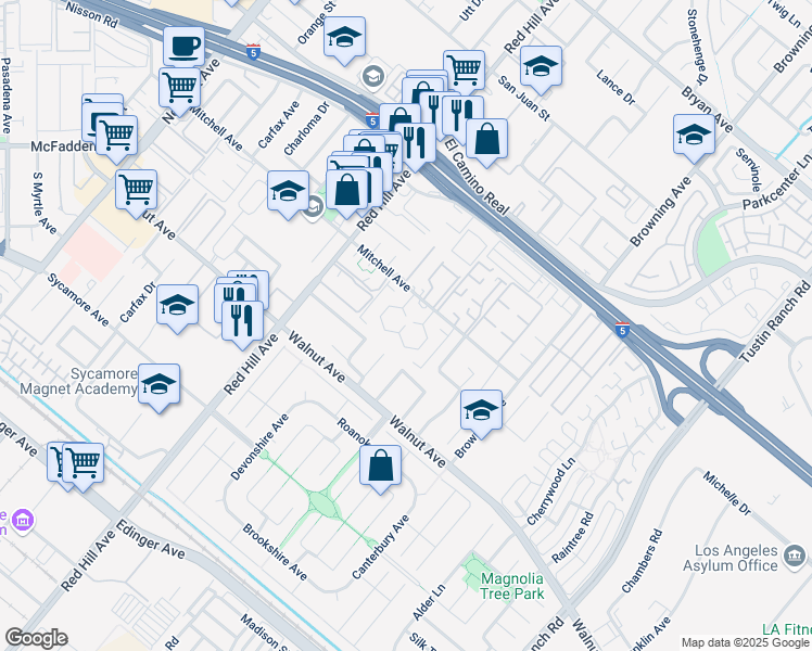 map of restaurants, bars, coffee shops, grocery stores, and more near 1722 Mitchell Avenue in Tustin