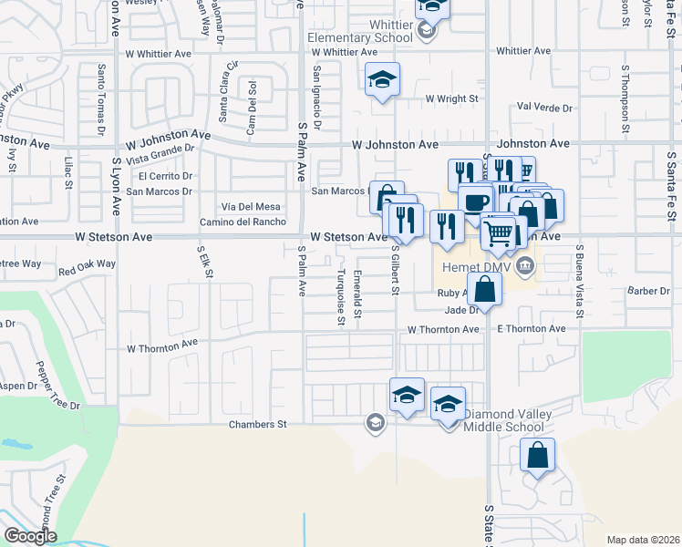 map of restaurants, bars, coffee shops, grocery stores, and more near 1155 Turquoise Street in Hemet
