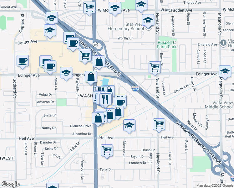 map of restaurants, bars, coffee shops, grocery stores, and more near 16171 Malaga Lane in Huntington Beach