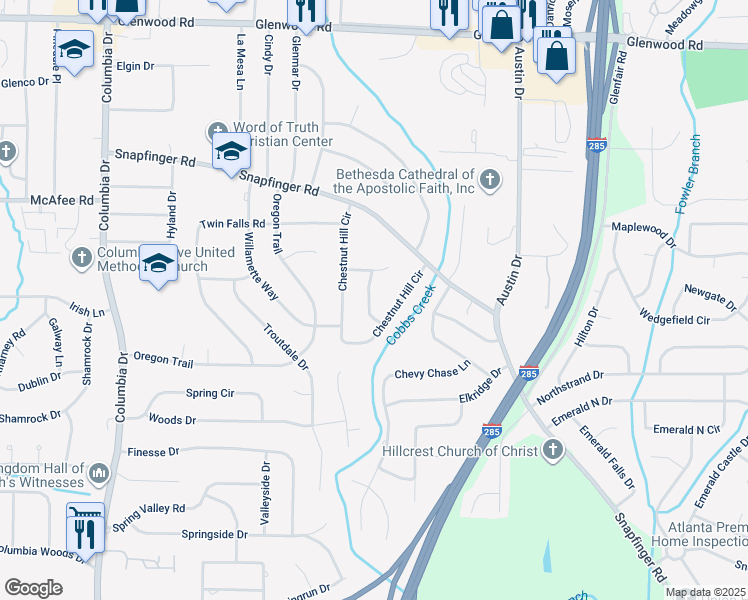 map of restaurants, bars, coffee shops, grocery stores, and more near 2112 Royal Fox Way in Decatur