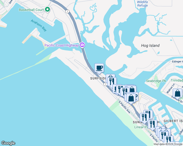 map of restaurants, bars, coffee shops, grocery stores, and more near in Seal Beach